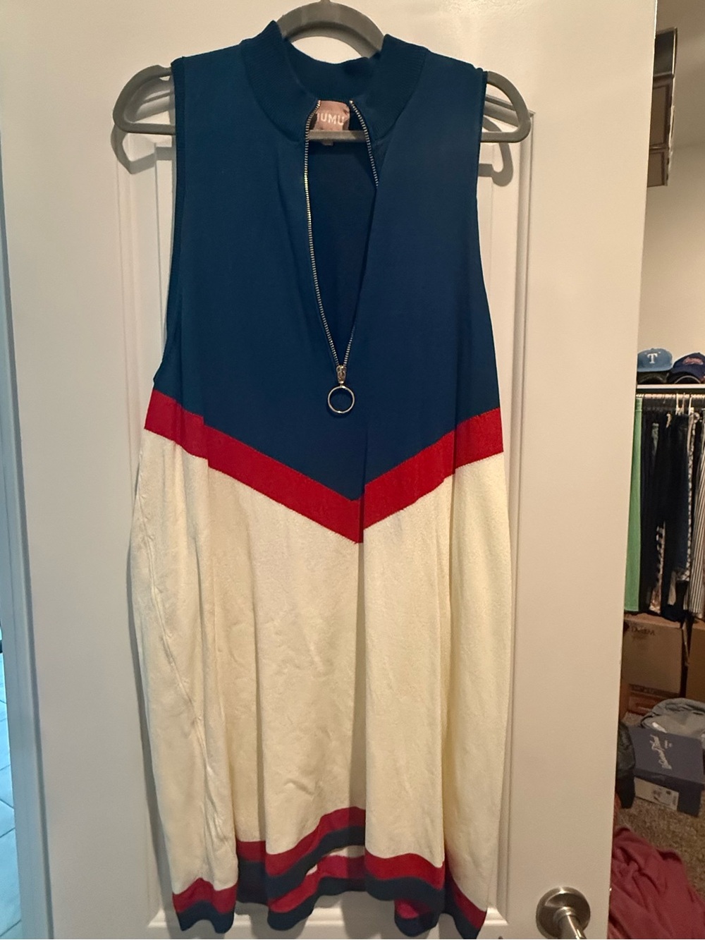 Show Me Your MumuSleeveless Colorblock A-Line Dress in Blue, Red & Cream XXL